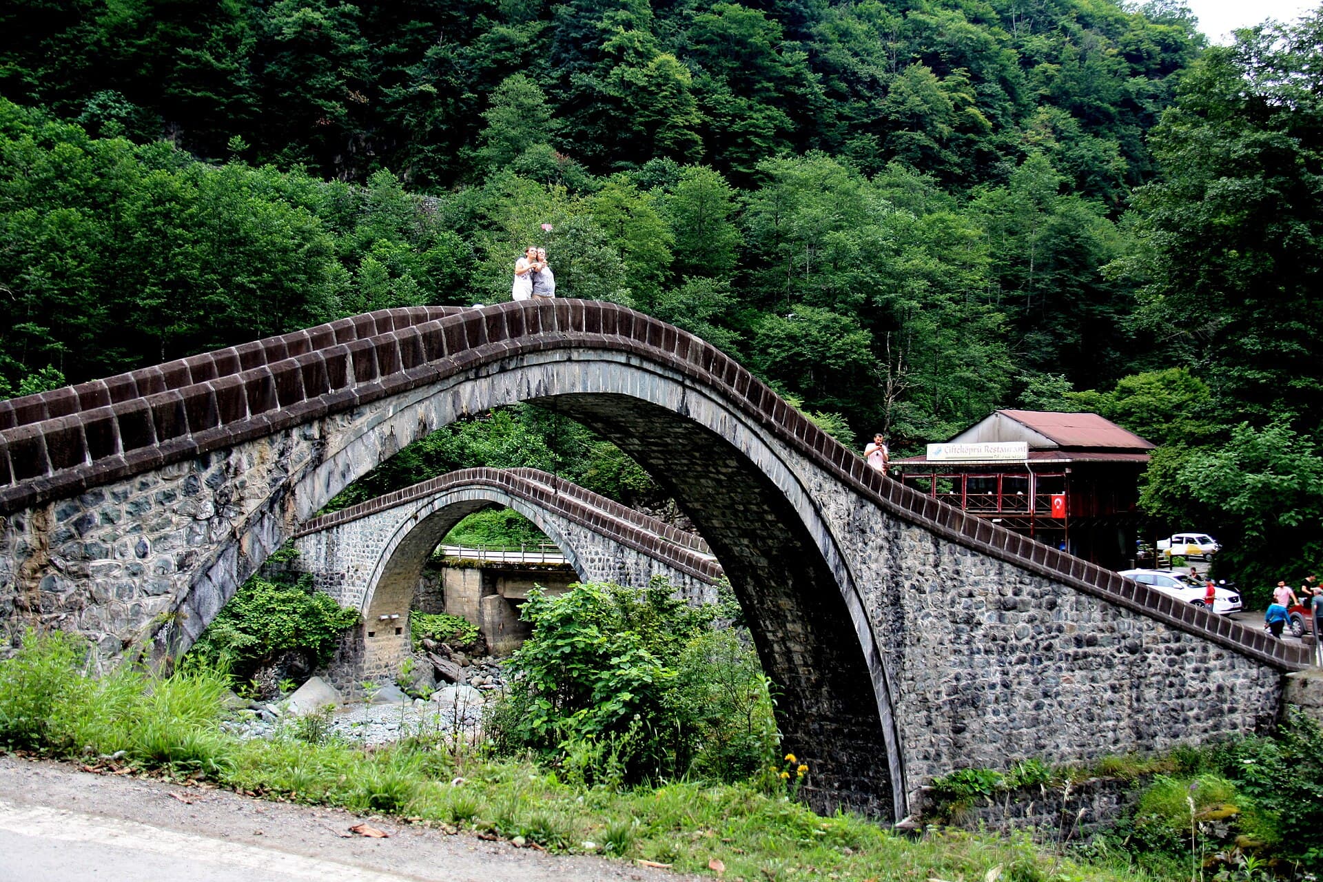 Arhavi'de yemyeşil ormanın içinde dere üzerindeki iki kemerli taş köprü